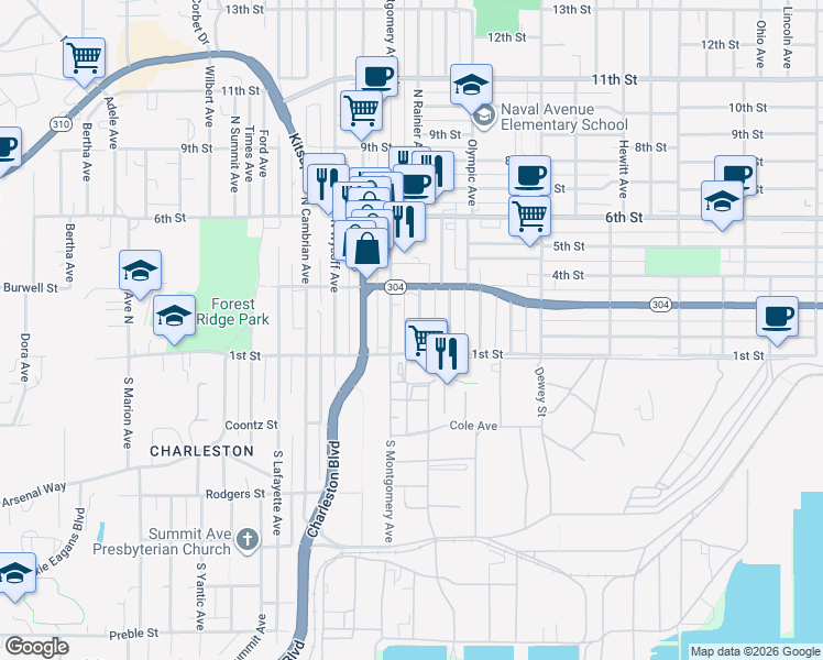 map of restaurants, bars, coffee shops, grocery stores, and more near 119 North Rainier Avenue in Bremerton