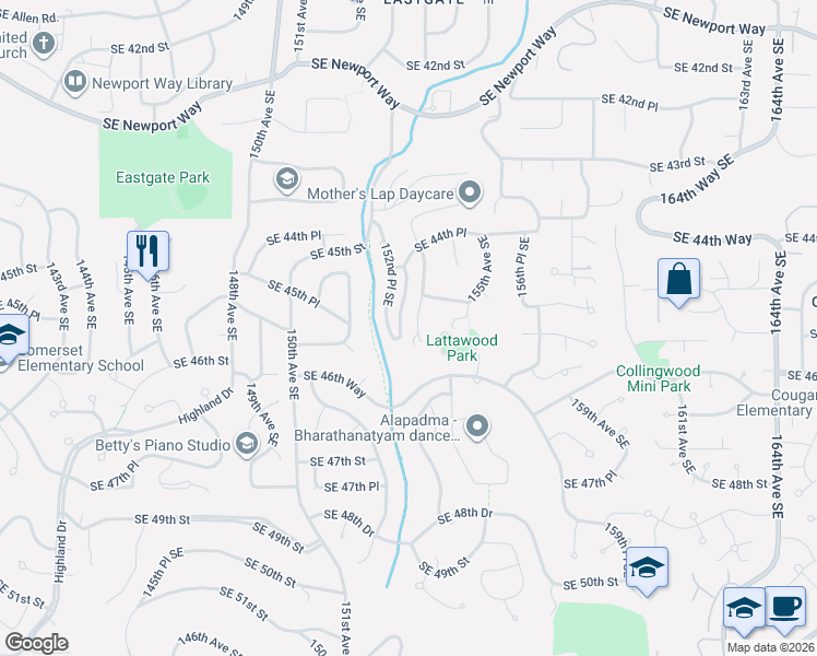 map of restaurants, bars, coffee shops, grocery stores, and more near 4529 153rd Avenue Southeast in Bellevue
