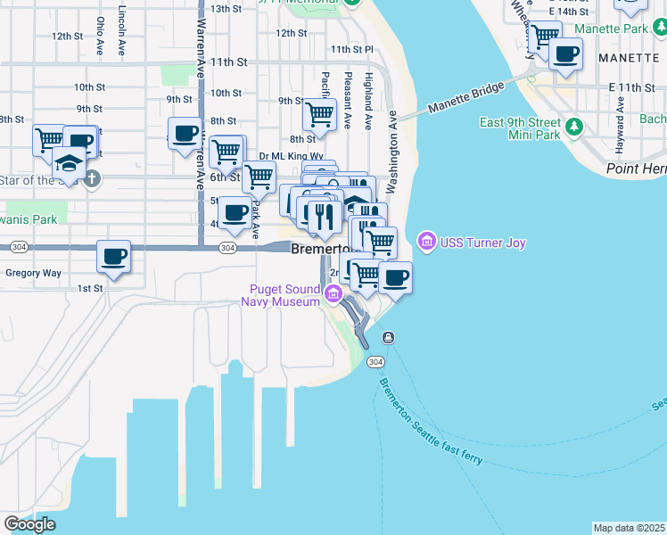 map of restaurants, bars, coffee shops, grocery stores, and more near 509 4th Street in Bremerton