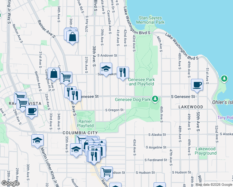 map of restaurants, bars, coffee shops, grocery stores, and more near 4140 41st Avenue South in Seattle