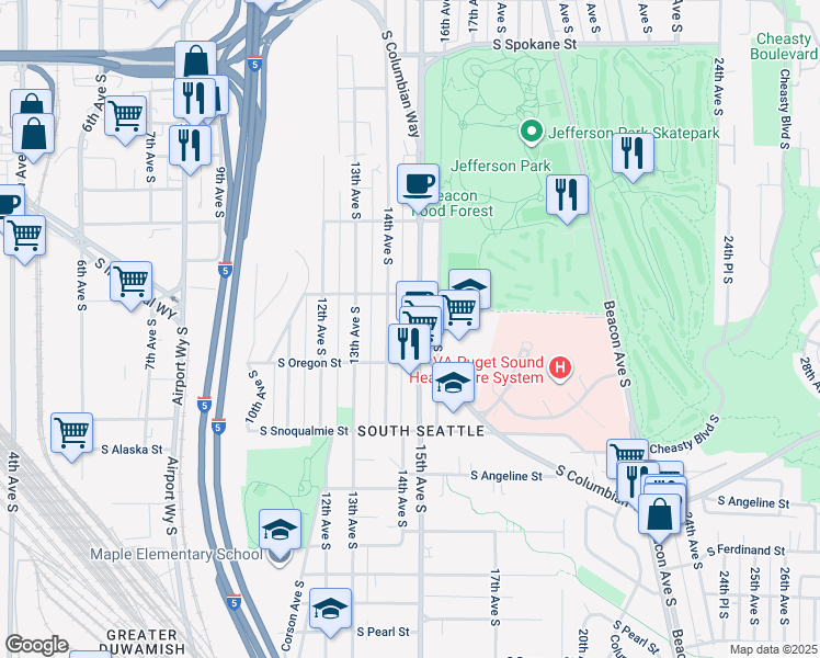 map of restaurants, bars, coffee shops, grocery stores, and more near 4310 14th Avenue South in Seattle