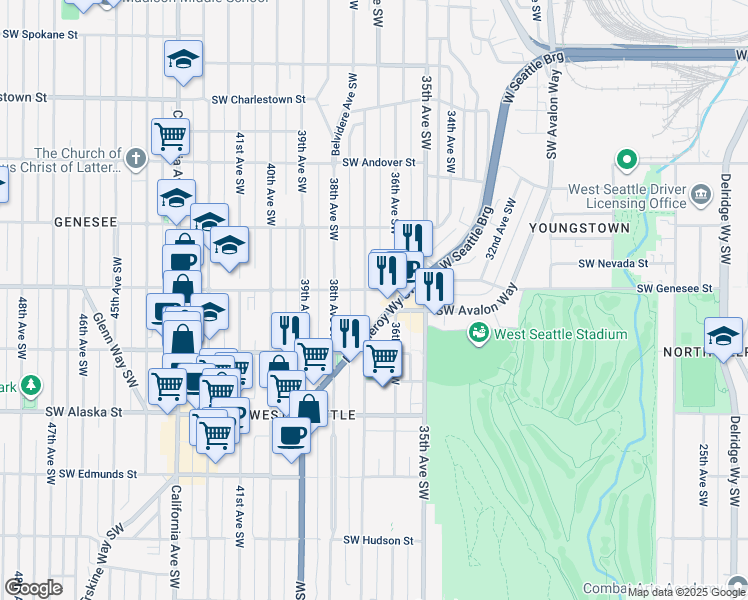map of restaurants, bars, coffee shops, grocery stores, and more near 4151 37th Avenue Southwest in Seattle