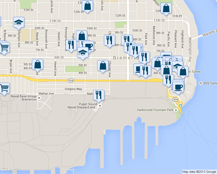 map of restaurants, bars, coffee shops, grocery stores, and more near in Bremerton