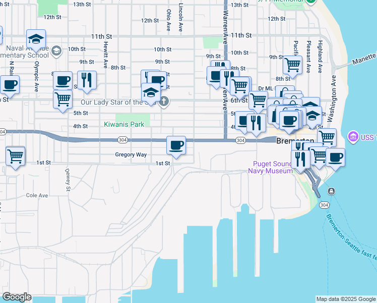 map of restaurants, bars, coffee shops, grocery stores, and more near in Bremerton