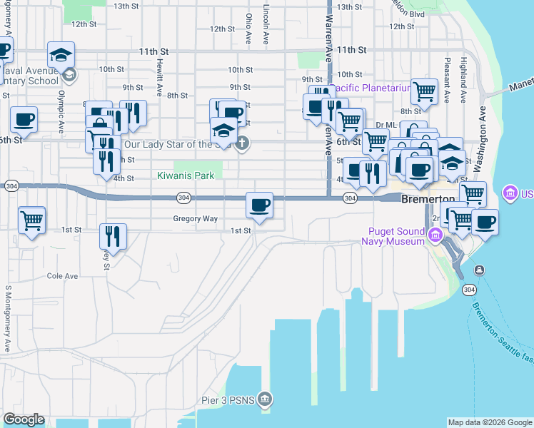 map of restaurants, bars, coffee shops, grocery stores, and more near in Bremerton