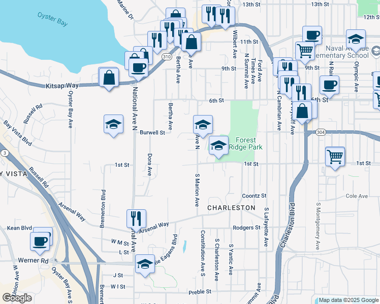 map of restaurants, bars, coffee shops, grocery stores, and more near 133 Marion Avenue North in Bremerton