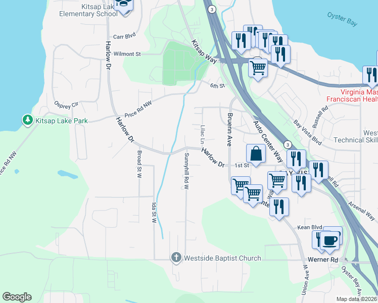 map of restaurants, bars, coffee shops, grocery stores, and more near 5506 Harlow Drive in Bremerton