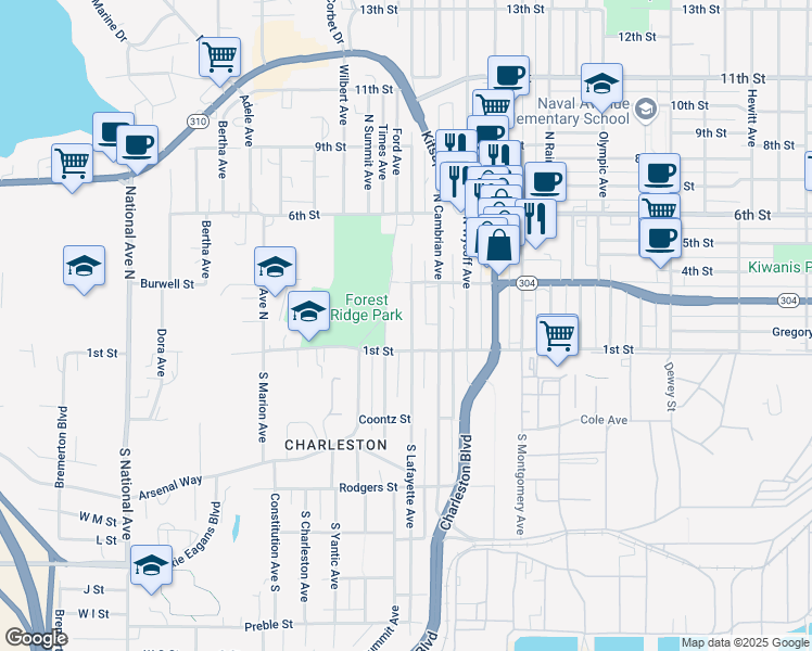 map of restaurants, bars, coffee shops, grocery stores, and more near 173 North Lafayette Avenue in Bremerton