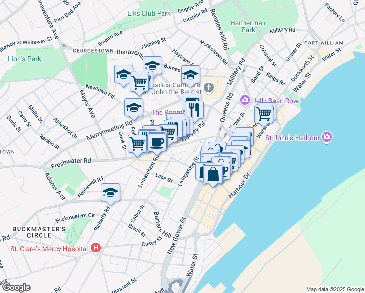 map of restaurants, bars, coffee shops, grocery stores, and more near 63 Long's Hill in St. John's