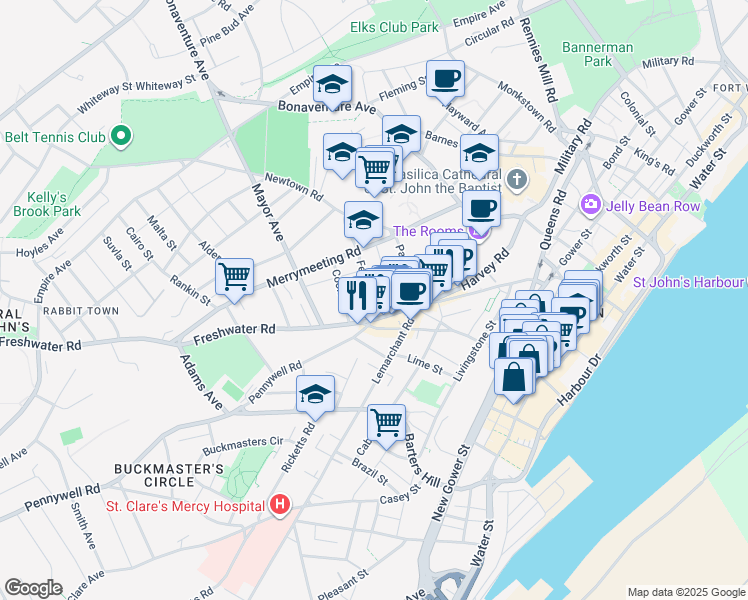 map of restaurants, bars, coffee shops, grocery stores, and more near 16 Feild Street in St. John's