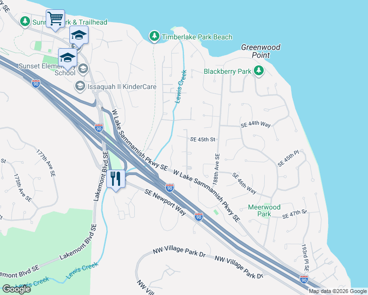 map of restaurants, bars, coffee shops, grocery stores, and more near 18529 Southeast 45th Street in Issaquah