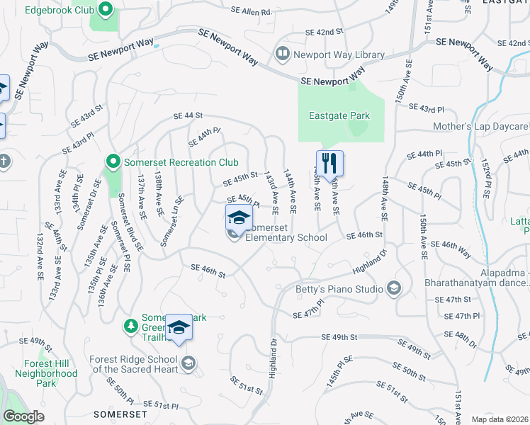 map of restaurants, bars, coffee shops, grocery stores, and more near 4513 143rd Avenue Southeast in Bellevue