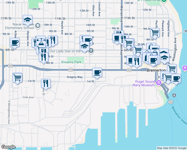 map of restaurants, bars, coffee shops, grocery stores, and more near 205 State Street in Bremerton