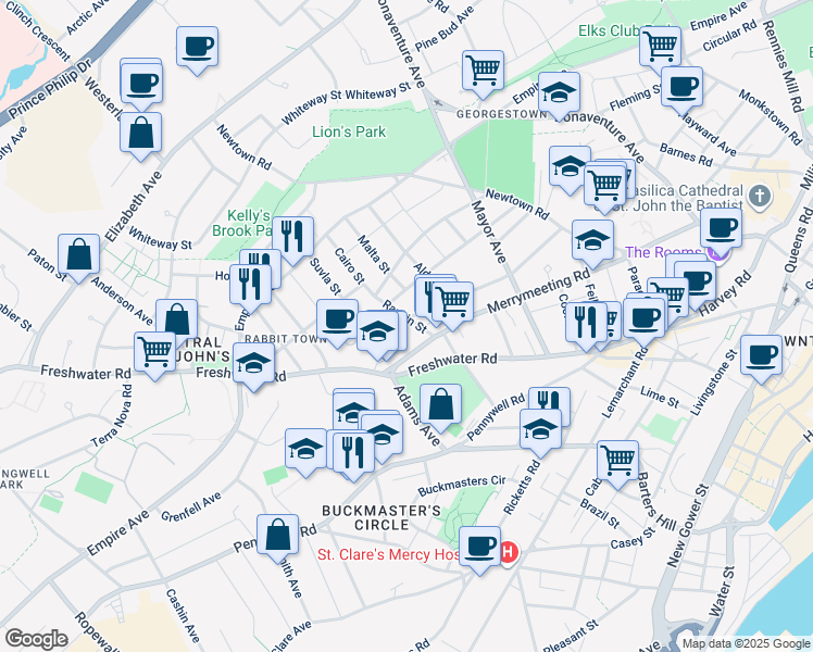 map of restaurants, bars, coffee shops, grocery stores, and more near 9 Rankin Street in St. John's