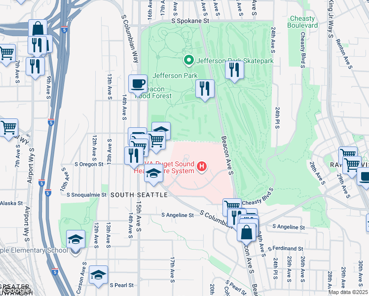 map of restaurants, bars, coffee shops, grocery stores, and more near 1660 South Columbian Way in Seattle