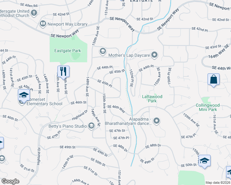 map of restaurants, bars, coffee shops, grocery stores, and more near 15045 Southeast 45th Place in Bellevue