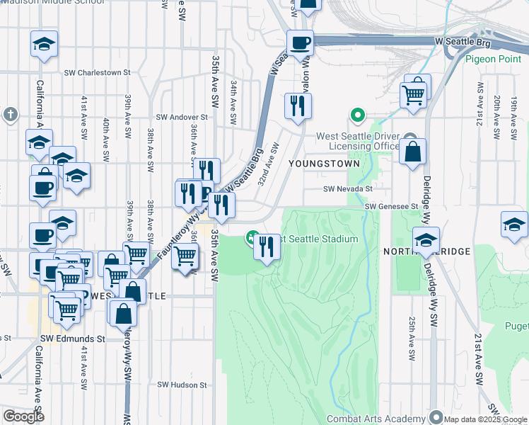 map of restaurants, bars, coffee shops, grocery stores, and more near 3120 Southwest Genesee Street in Seattle