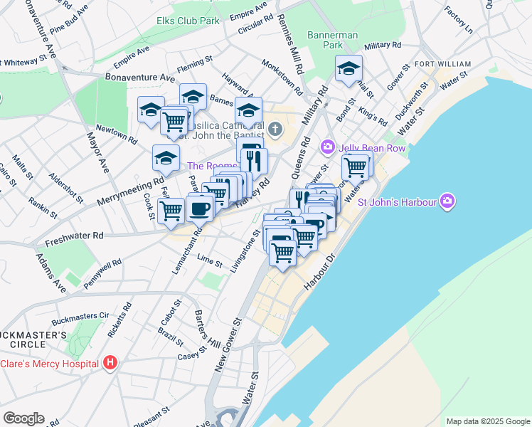 map of restaurants, bars, coffee shops, grocery stores, and more near 3 Long Street in St. John's