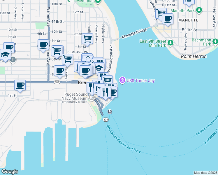 map of restaurants, bars, coffee shops, grocery stores, and more near 280 Washington Avenue in Bremerton