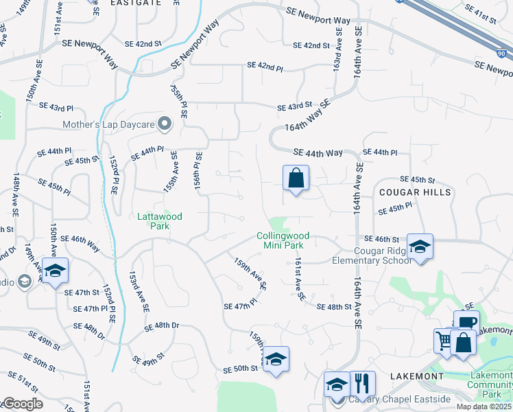 map of restaurants, bars, coffee shops, grocery stores, and more near 15824 Southeast 45th Street in Bellevue