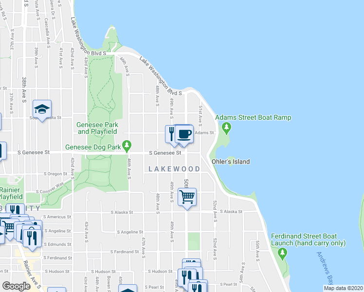 map of restaurants, bars, coffee shops, grocery stores, and more near 4921 South Adams Street in Seattle