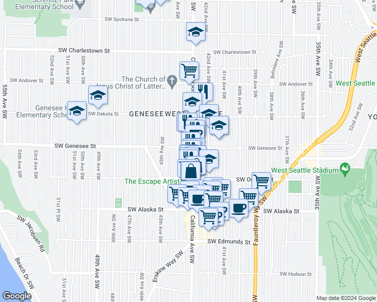 map of restaurants, bars, coffee shops, grocery stores, and more near 4154 California Avenue Southwest in Seattle