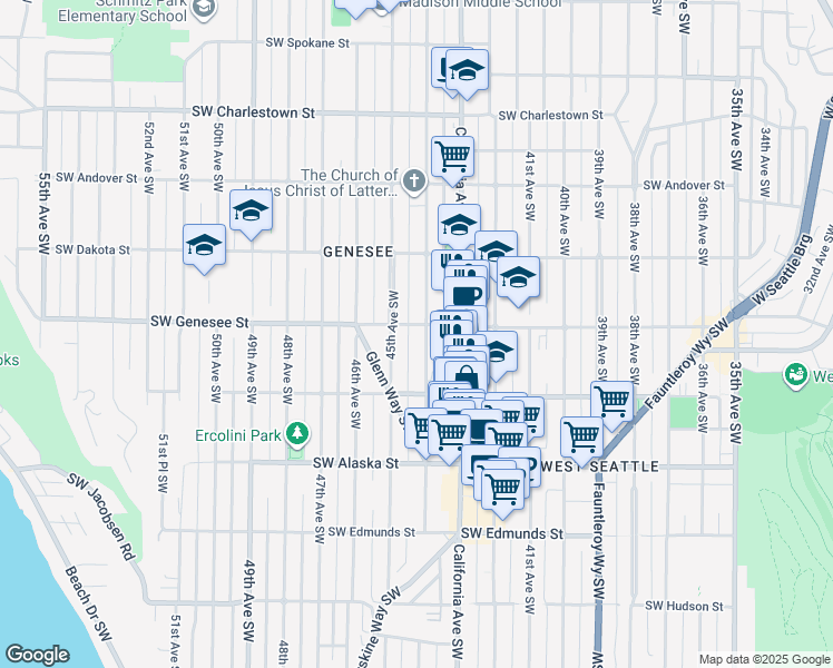 map of restaurants, bars, coffee shops, grocery stores, and more near 4156 44th Avenue Southwest in Seattle