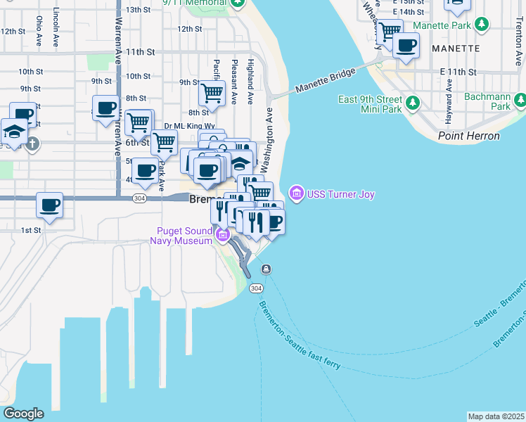 map of restaurants, bars, coffee shops, grocery stores, and more near 320 Washington Avenue in Bremerton