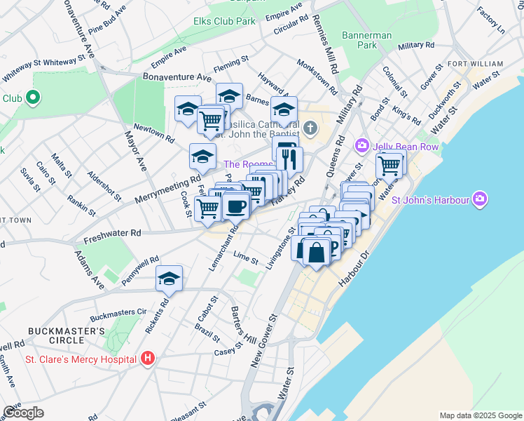 map of restaurants, bars, coffee shops, grocery stores, and more near 81 Harvey Road in St. John's