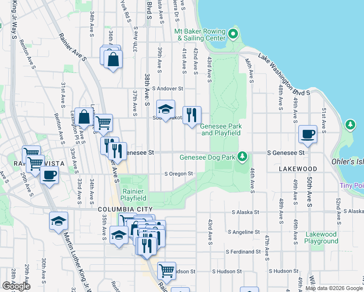 map of restaurants, bars, coffee shops, grocery stores, and more near 4140 41st Avenue South in Seattle