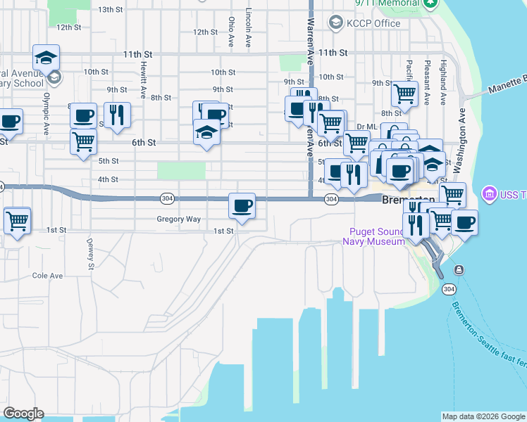 map of restaurants, bars, coffee shops, grocery stores, and more near 207 Chester Avenue in Bremerton