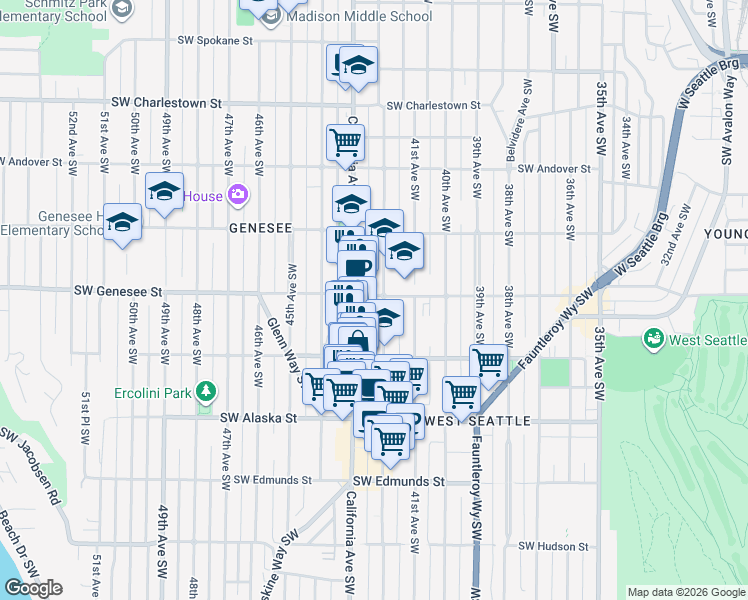 map of restaurants, bars, coffee shops, grocery stores, and more near 4154 California Avenue Southwest in Seattle