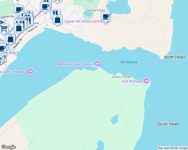 map of restaurants, bars, coffee shops, grocery stores, and more near 14 Fort Amherst Road in St. John's