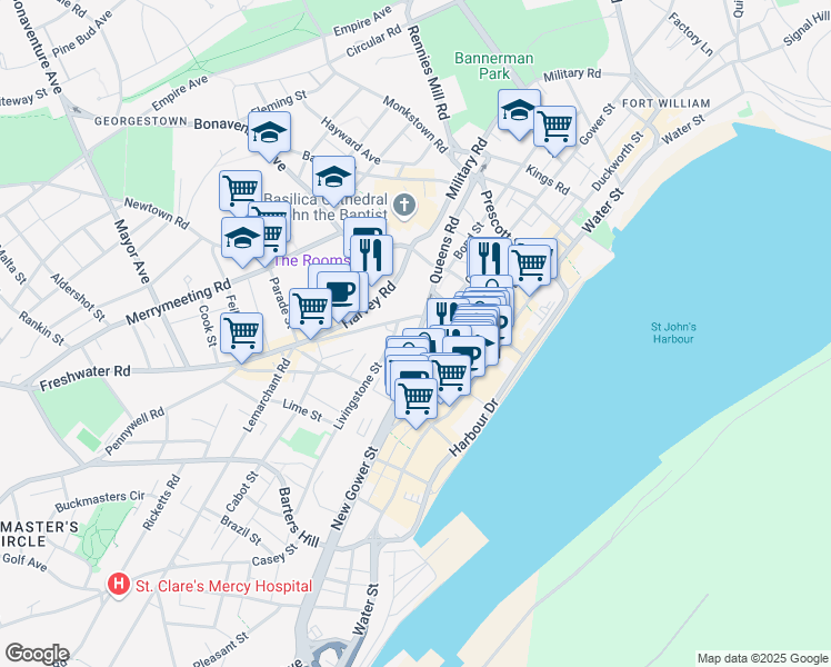 map of restaurants, bars, coffee shops, grocery stores, and more near 92 Queens Road in St. John's