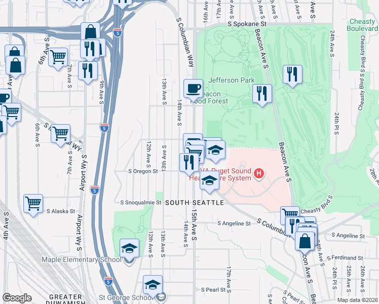 map of restaurants, bars, coffee shops, grocery stores, and more near 4310 14th Avenue South in Seattle