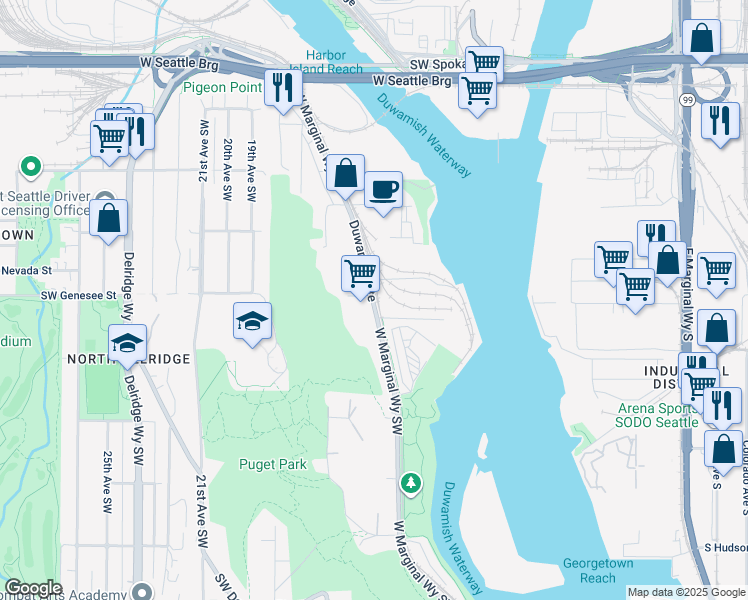 map of restaurants, bars, coffee shops, grocery stores, and more near 4201 W Marginal Way Southwest in Seattle