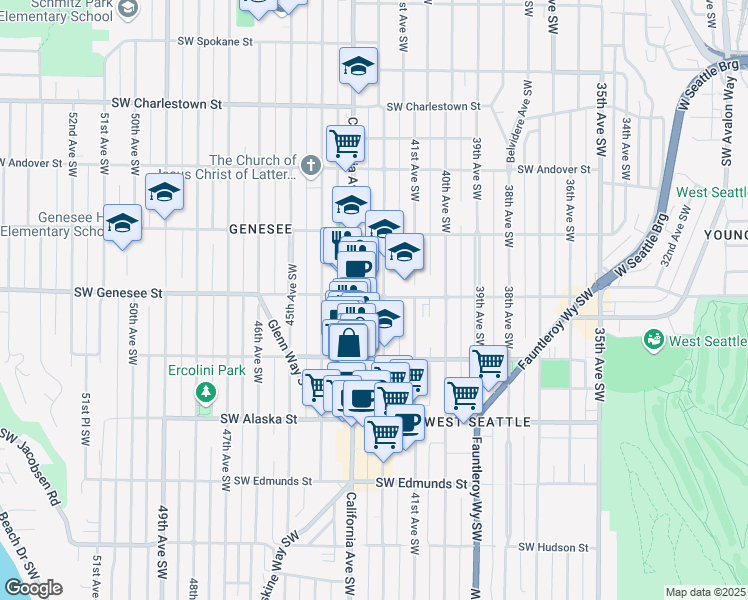 map of restaurants, bars, coffee shops, grocery stores, and more near 4154 California Avenue Southwest in Seattle