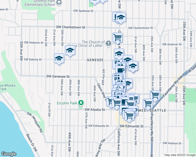 map of restaurants, bars, coffee shops, grocery stores, and more near 4153 46th Avenue Southwest in Seattle