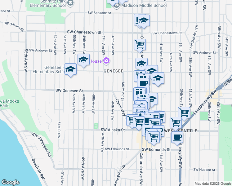 map of restaurants, bars, coffee shops, grocery stores, and more near 4153 46th Avenue Southwest in Seattle