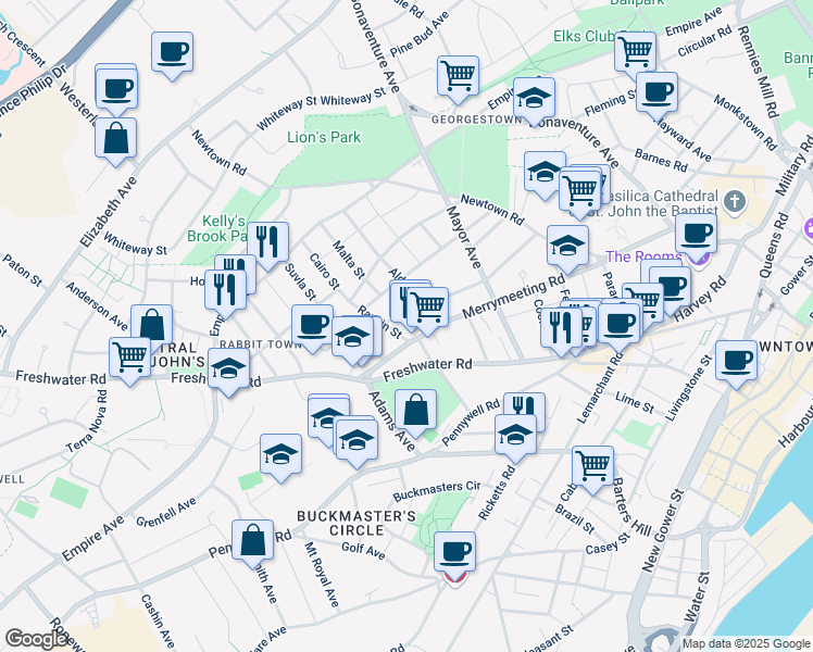 map of restaurants, bars, coffee shops, grocery stores, and more near 28 Summer Street in Saint John's