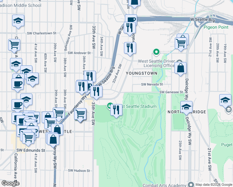map of restaurants, bars, coffee shops, grocery stores, and more near 3202 Southwest Avalon Way in Seattle