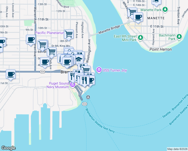 map of restaurants, bars, coffee shops, grocery stores, and more near 360 Washington Avenue in Bremerton