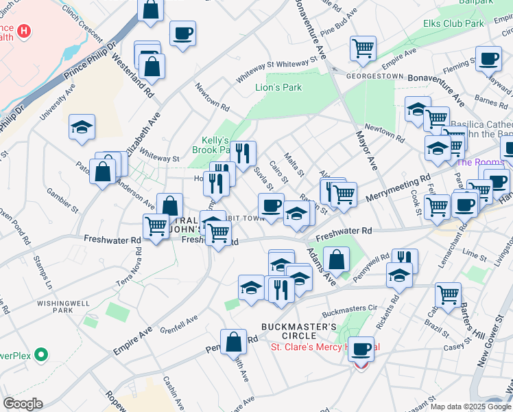 map of restaurants, bars, coffee shops, grocery stores, and more near 28 Liverpool Avenue in St. John's