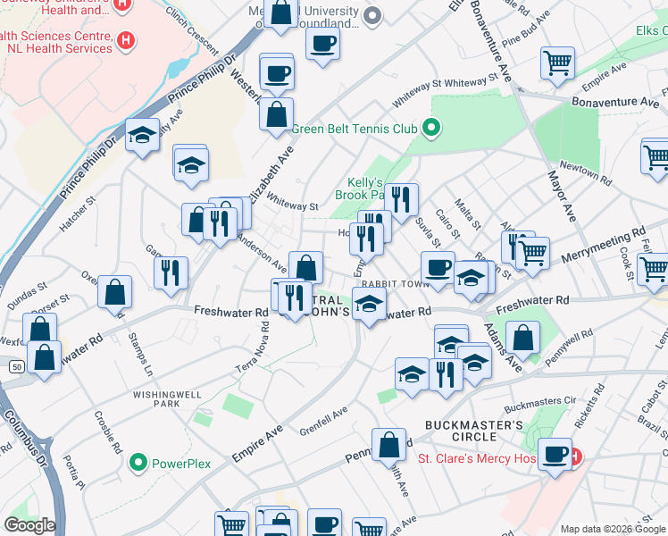 map of restaurants, bars, coffee shops, grocery stores, and more near 22 Graves Street in St. John's
