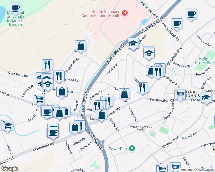 map of restaurants, bars, coffee shops, grocery stores, and more near 2 Dundas Street in St. John's