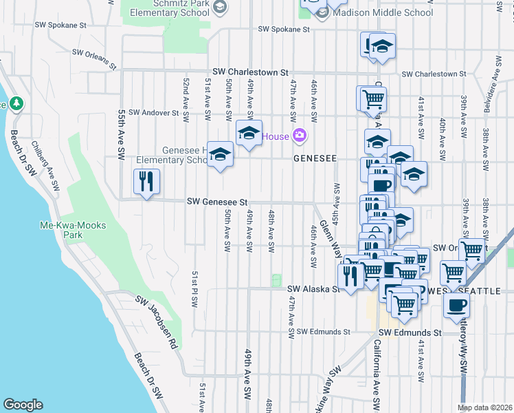map of restaurants, bars, coffee shops, grocery stores, and more near 4157 48th Avenue Southwest in Seattle