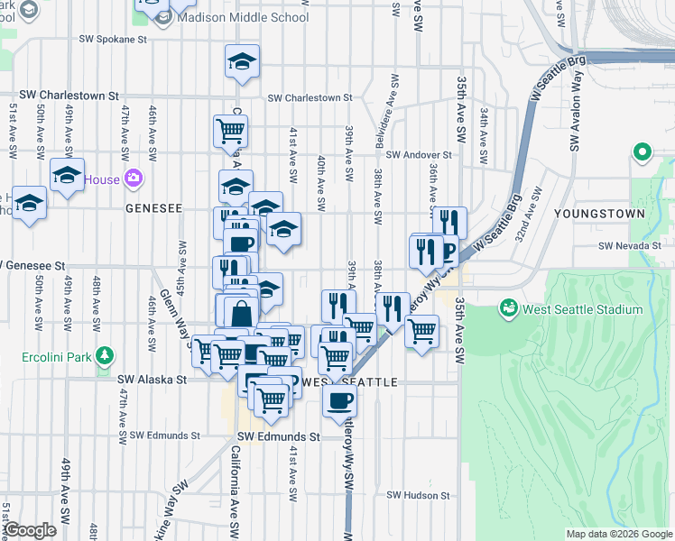 map of restaurants, bars, coffee shops, grocery stores, and more near 4153 39th Avenue Southwest in Seattle