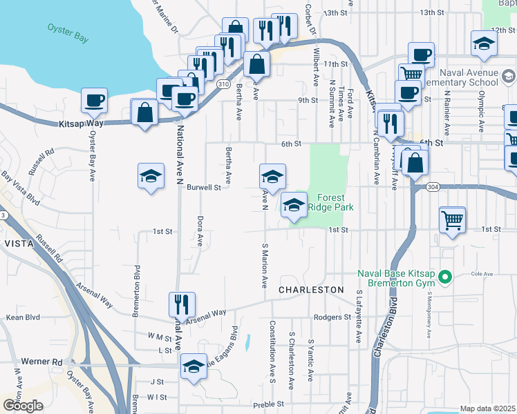 map of restaurants, bars, coffee shops, grocery stores, and more near 3503 Marion Court in Bremerton