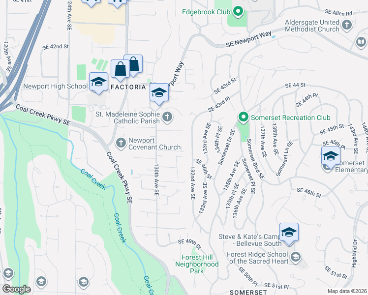 map of restaurants, bars, coffee shops, grocery stores, and more near 4509 132nd Avenue Southeast in Bellevue