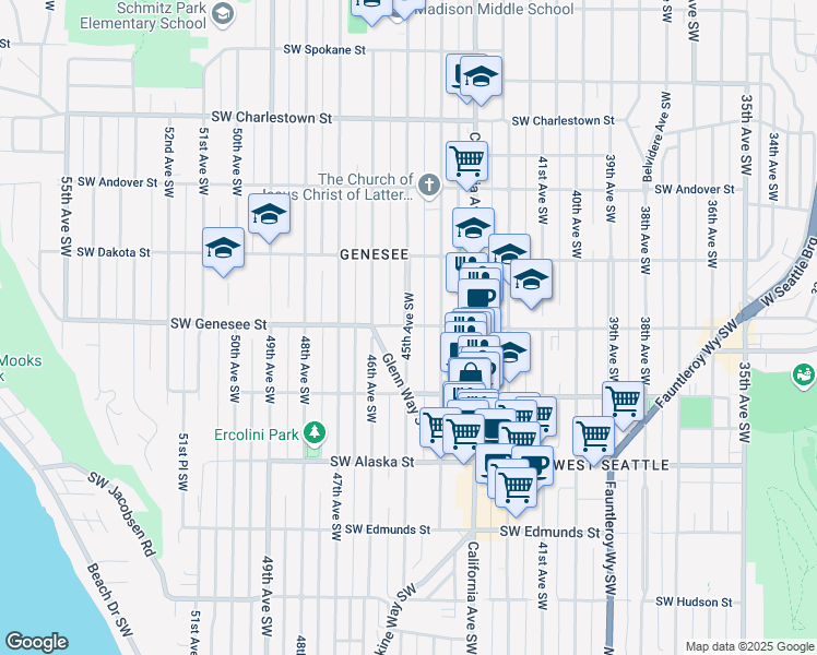 map of restaurants, bars, coffee shops, grocery stores, and more near 4158 45th Avenue Southwest in Seattle